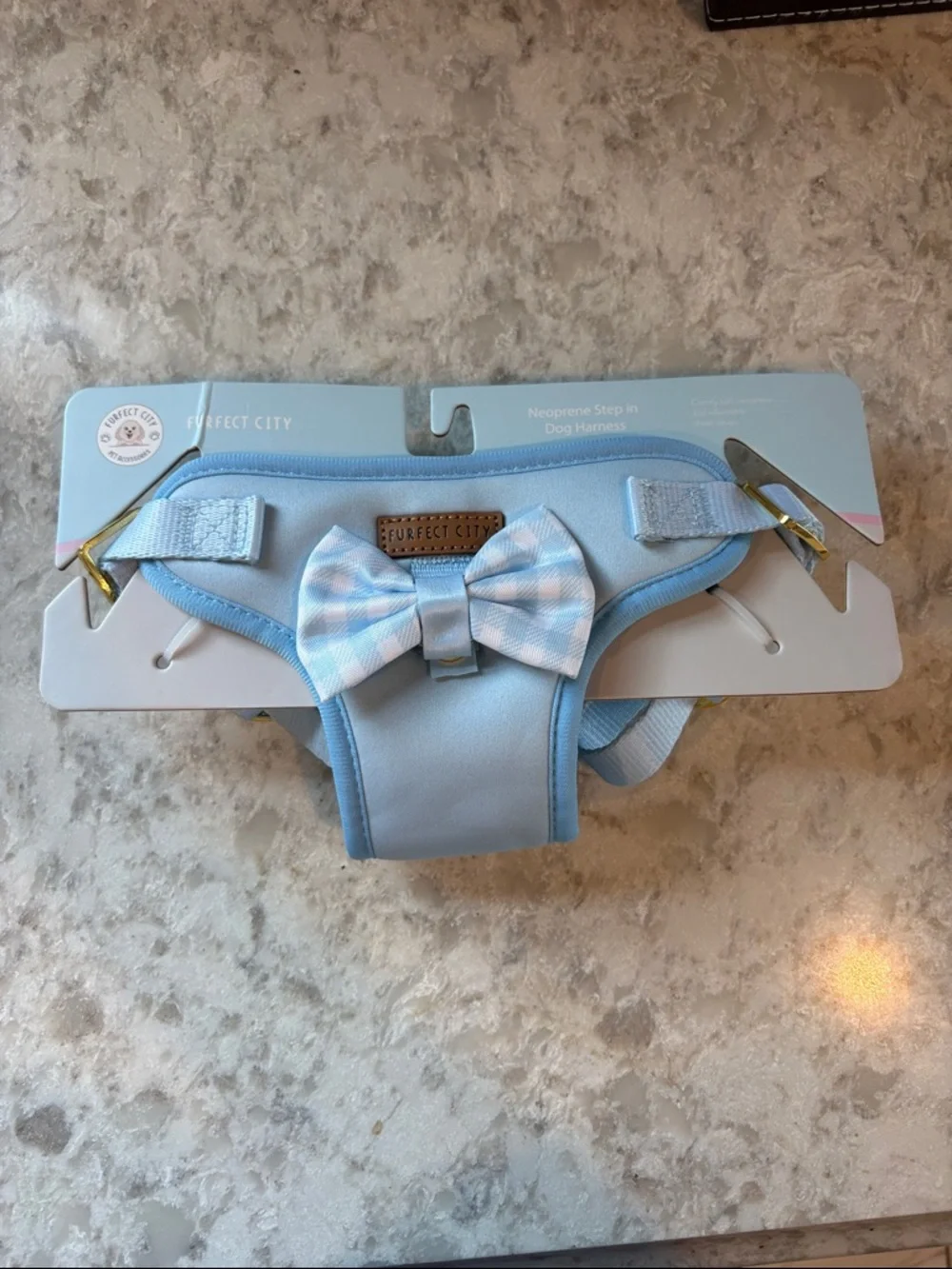 NEW Light Blue Dog Harness with Removable Plaid Bow - size M